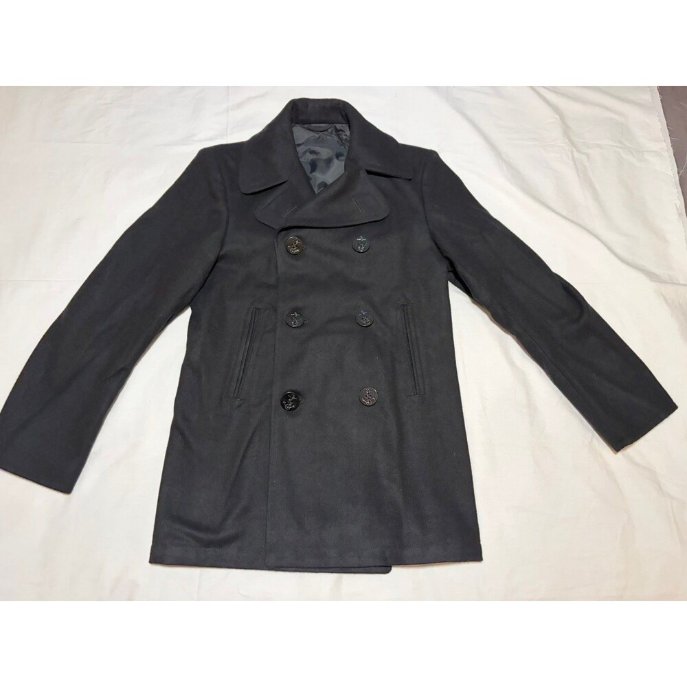 Vintage 1980 US Navy Issue Peacoat Sz 34 Anchor Buttons 100% Wool Black Coat